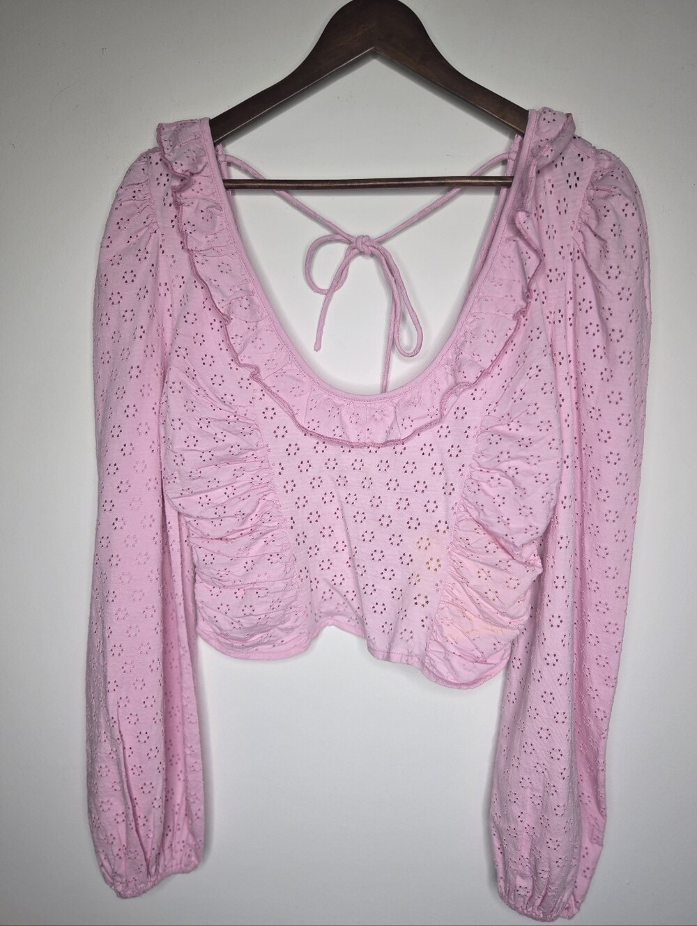 NWT RARE Free People Pink Eyelet Lace Long Sleeve Back Tie Ruffle Top SAMPLE S
